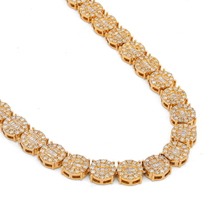 10K Yellow Gold 20CT Natural Round/Baguette Diamond 8MM Flower Cluster Tennis Chain - Elite Jewelers-Necklaces