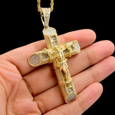 10k Yellow Gold 2.15CTW Natural Round/Baguette Diamond Cross Pendant 24.5g Charm - Elite Jewelers - Charms & Pendants