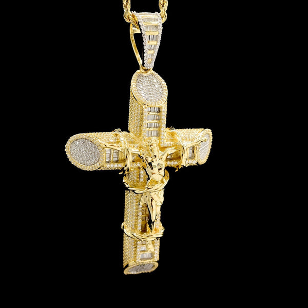 10k Yellow Gold 2.15CTW Natural Round/Baguette Diamond Cross Pendant 24.5g Charm - Elite Jewelers - Charms & Pendants
