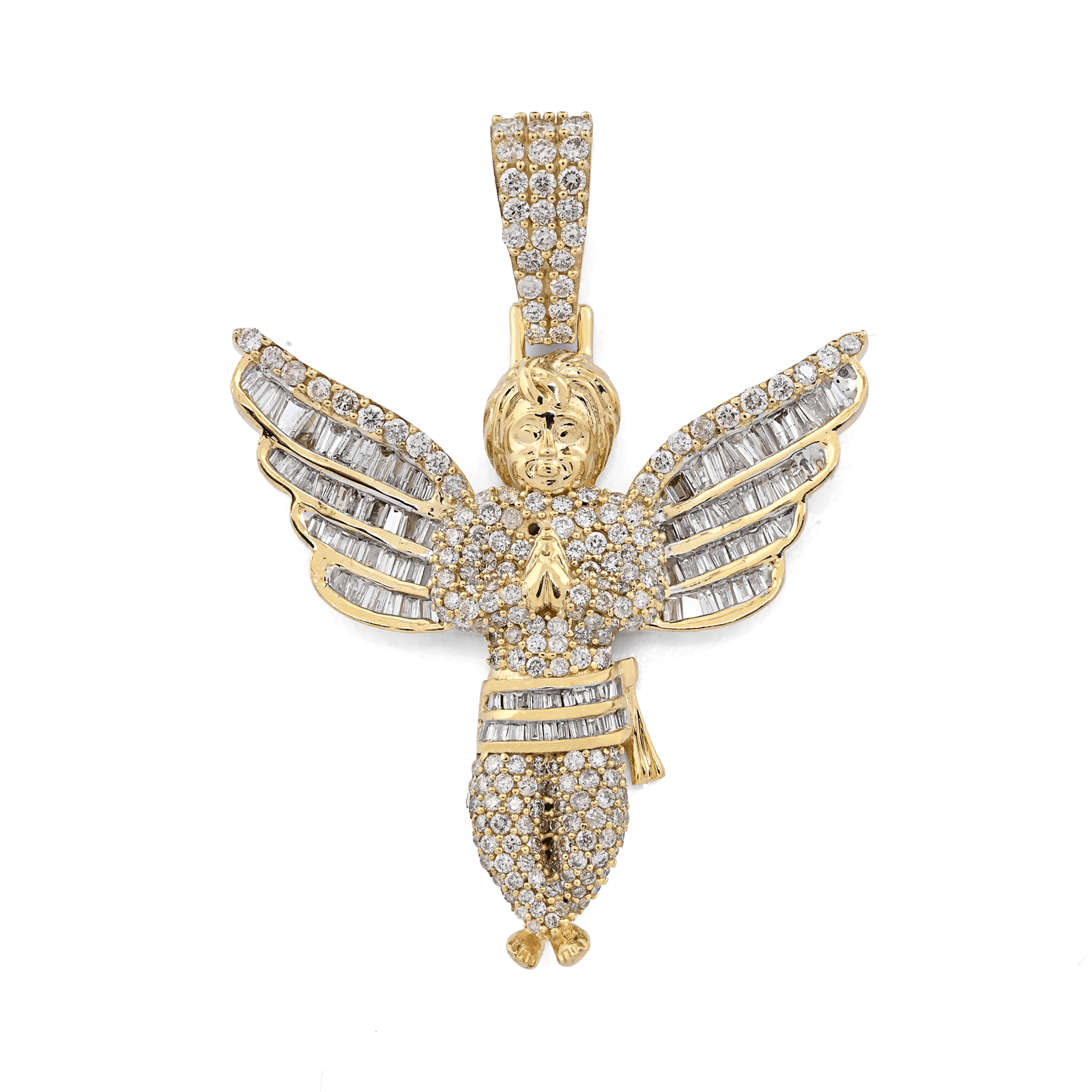 10k Yellow Gold 2.1CTW Round/Baguette Diamond Praying Angel Pendant 8.3g Charm - Elite Jewelers - Charms & Pendants