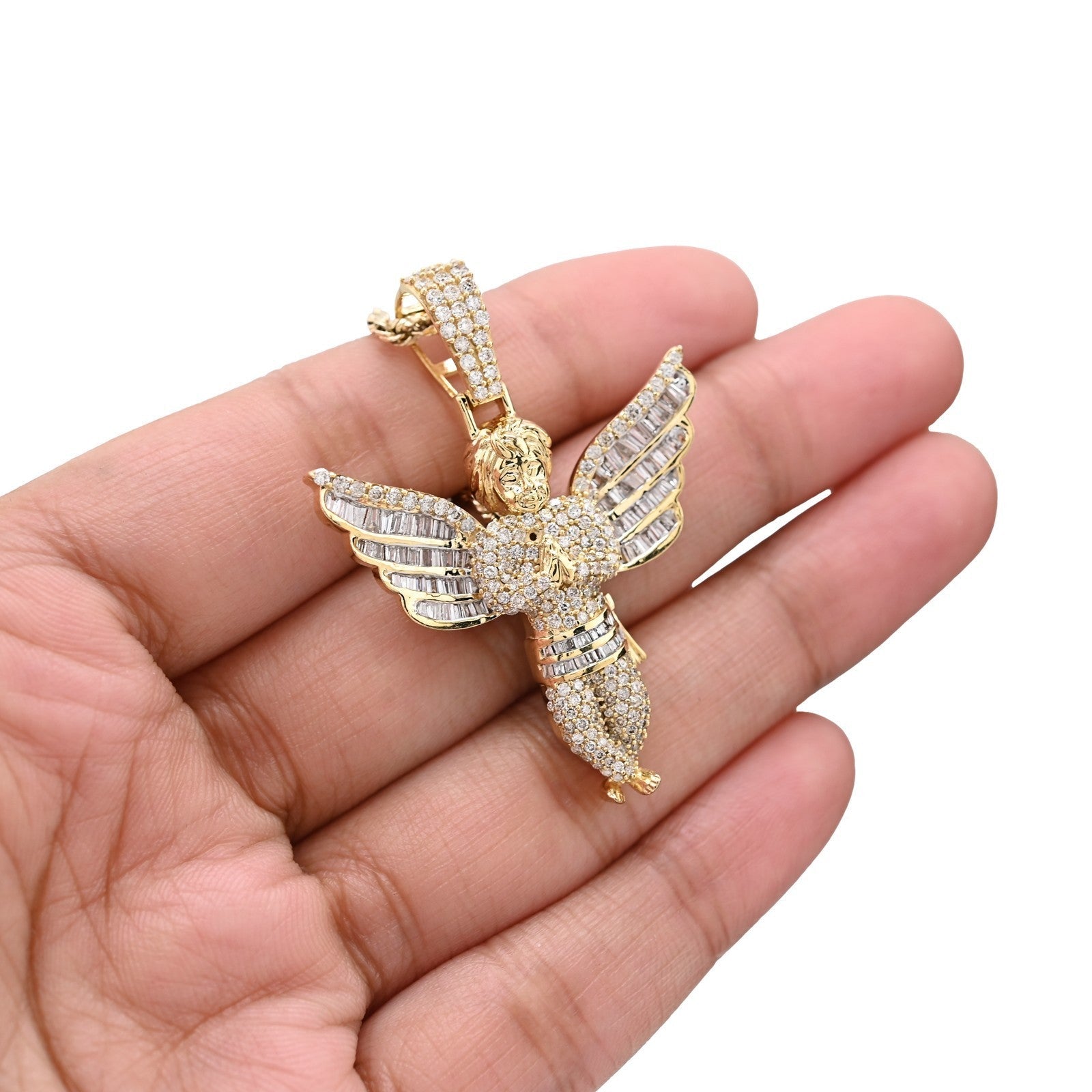 10k Yellow Gold 2.1CTW Round/Baguette Diamond Praying Angel Pendant 8.3g Charm - Elite Jewelers - Charms & Pendants