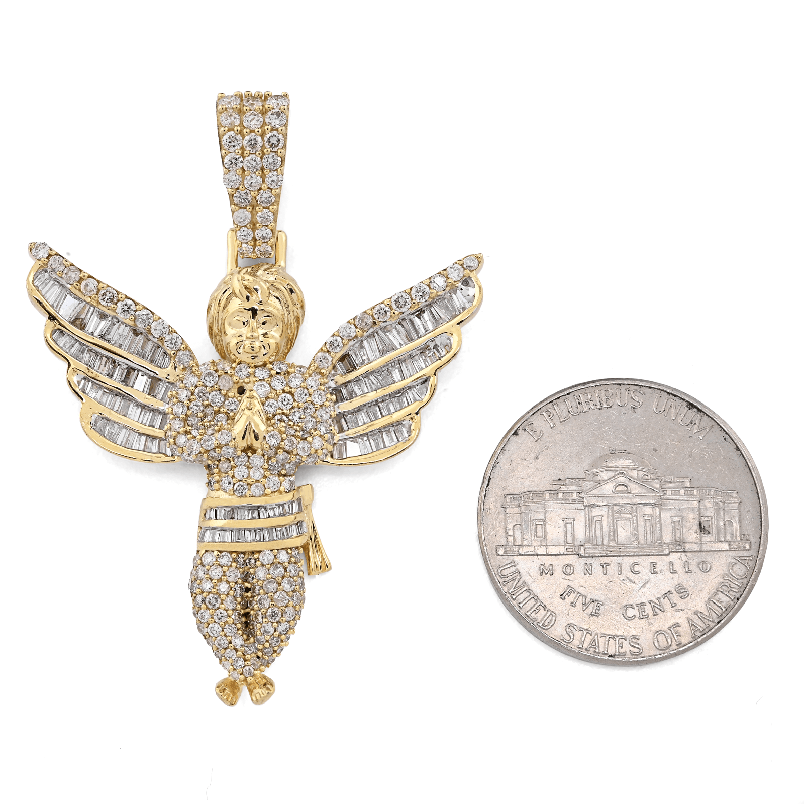 10k Yellow Gold 2.1CTW Round/Baguette Diamond Praying Angel Pendant 8.3g Charm - Elite Jewelers - Charms & Pendants