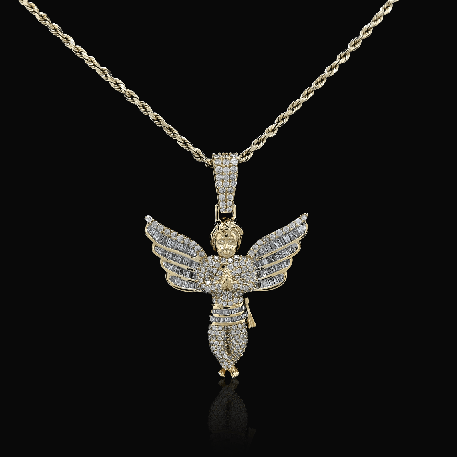 10k Yellow Gold 2.1CTW Round/Baguette Diamond Praying Angel Pendant 8.3g Charm - Elite Jewelers - Charms & Pendants