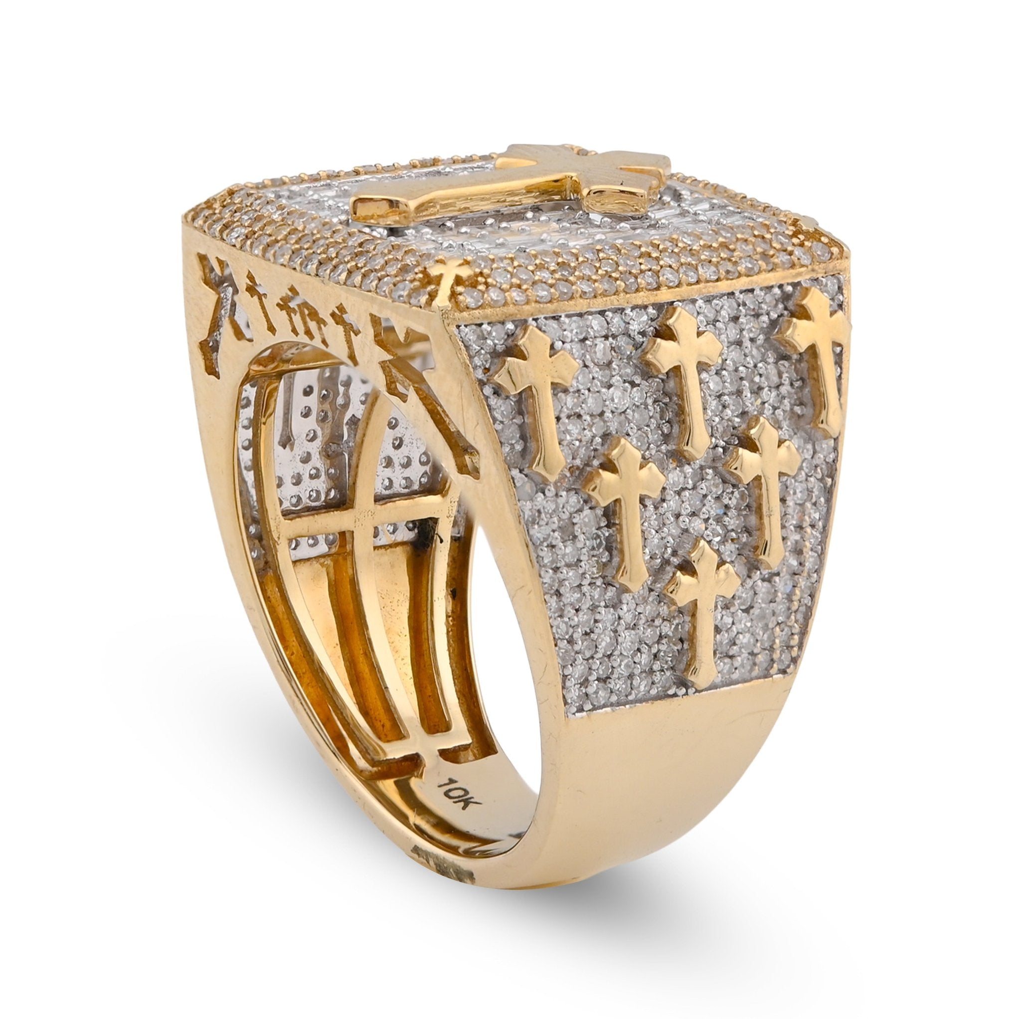 10K Yellow Gold 2.30CT Round/Baguette Rectangle Natural Diamond Centre Cross Side Iced Men Pinky Ring - Elite Jewelers - Rings