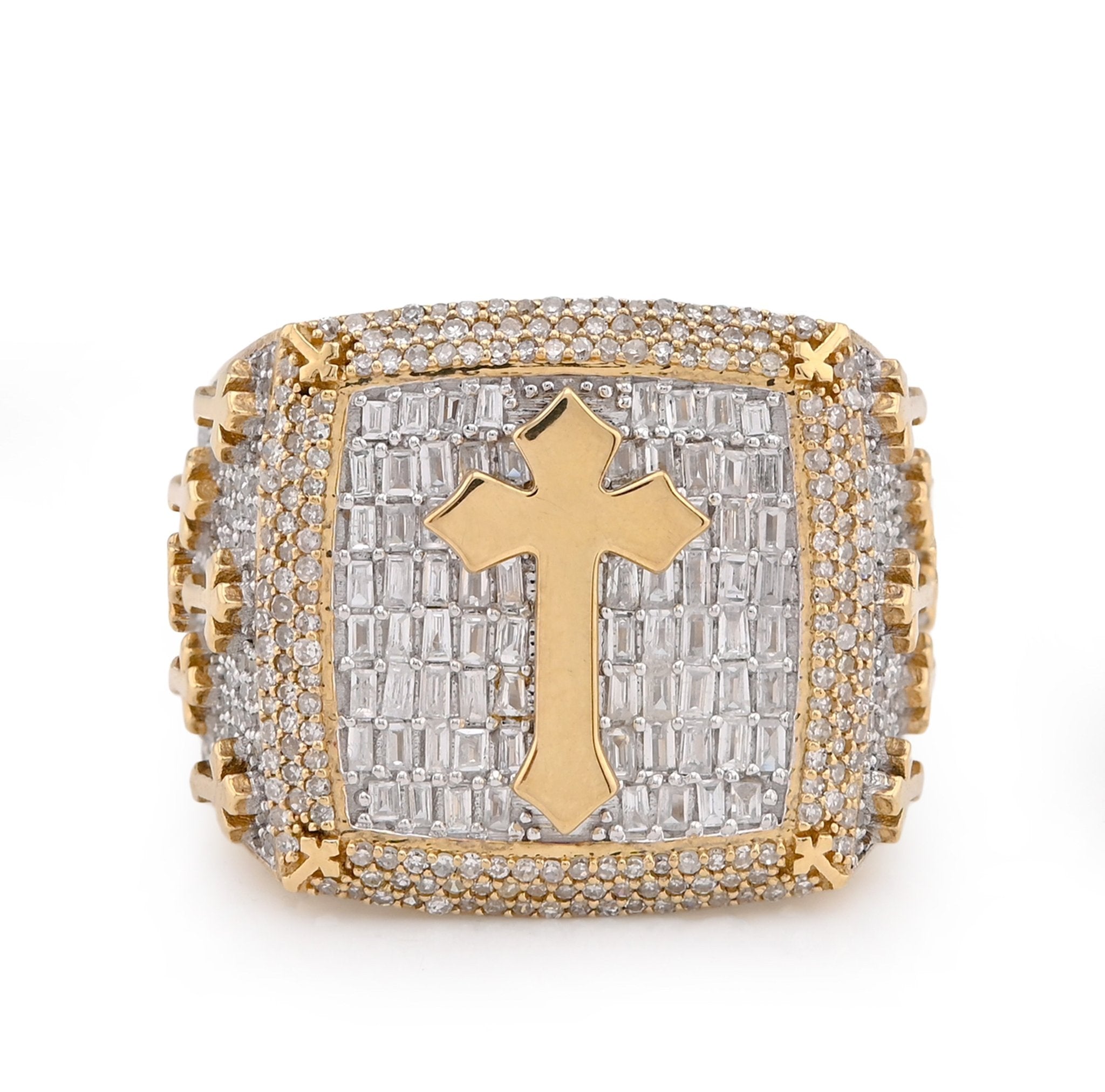 10K Yellow Gold 2.30CT Round/Baguette Rectangle Natural Diamond Centre Cross Side Iced Men Pinky Ring - Elite Jewelers - Rings