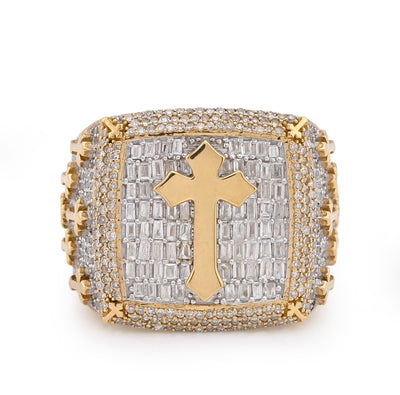 10K Yellow Gold 2.30CT Round/Baguette Rectangle Natural Diamond Centre Cross Side Iced Men Pinky Ring - Elite Jewelers - Rings