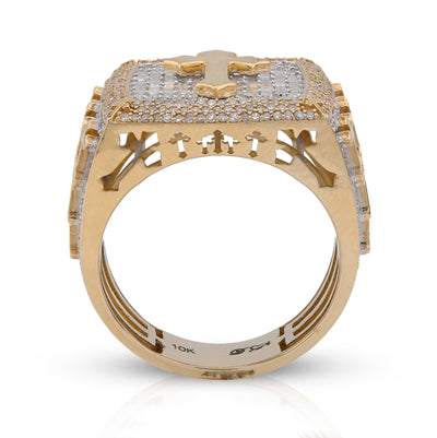 10K Yellow Gold 2.30CT Round/Baguette Rectangle Natural Diamond Centre Cross Side Iced Men Pinky Ring - Elite Jewelers - Rings