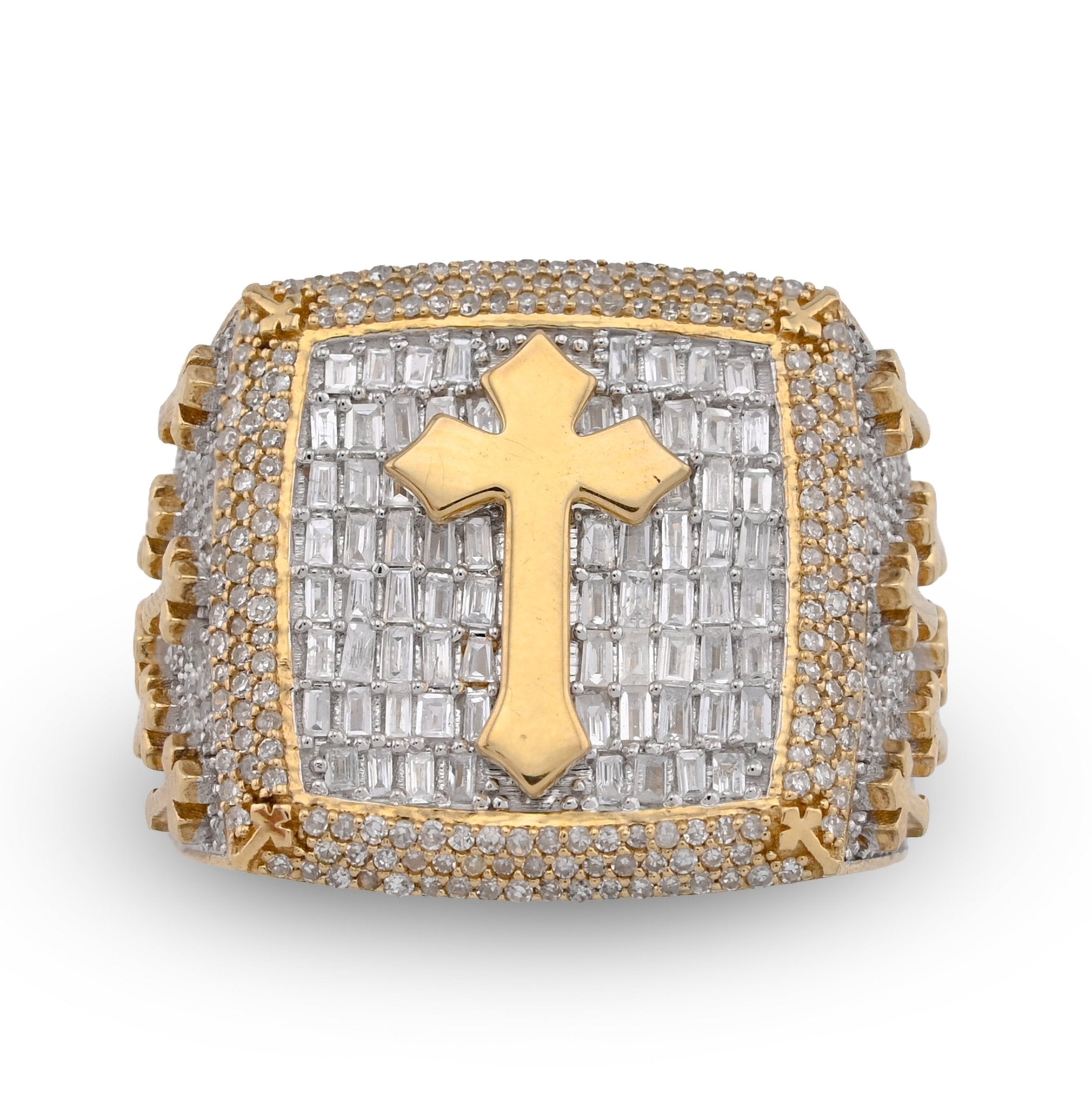 10K Yellow Gold 2.30CT Round/Baguette Rectangle Natural Diamond Centre Cross Side Iced Men Pinky Ring - Elite Jewelers - Rings