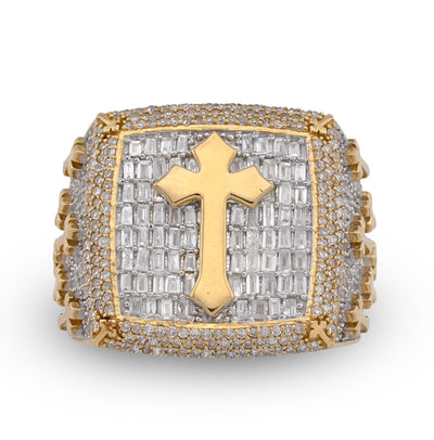 10K Yellow Gold 2.30CT Round/Baguette Rectangle Natural Diamond Centre Cross Side Iced Men Pinky Ring - Elite Jewelers - Rings