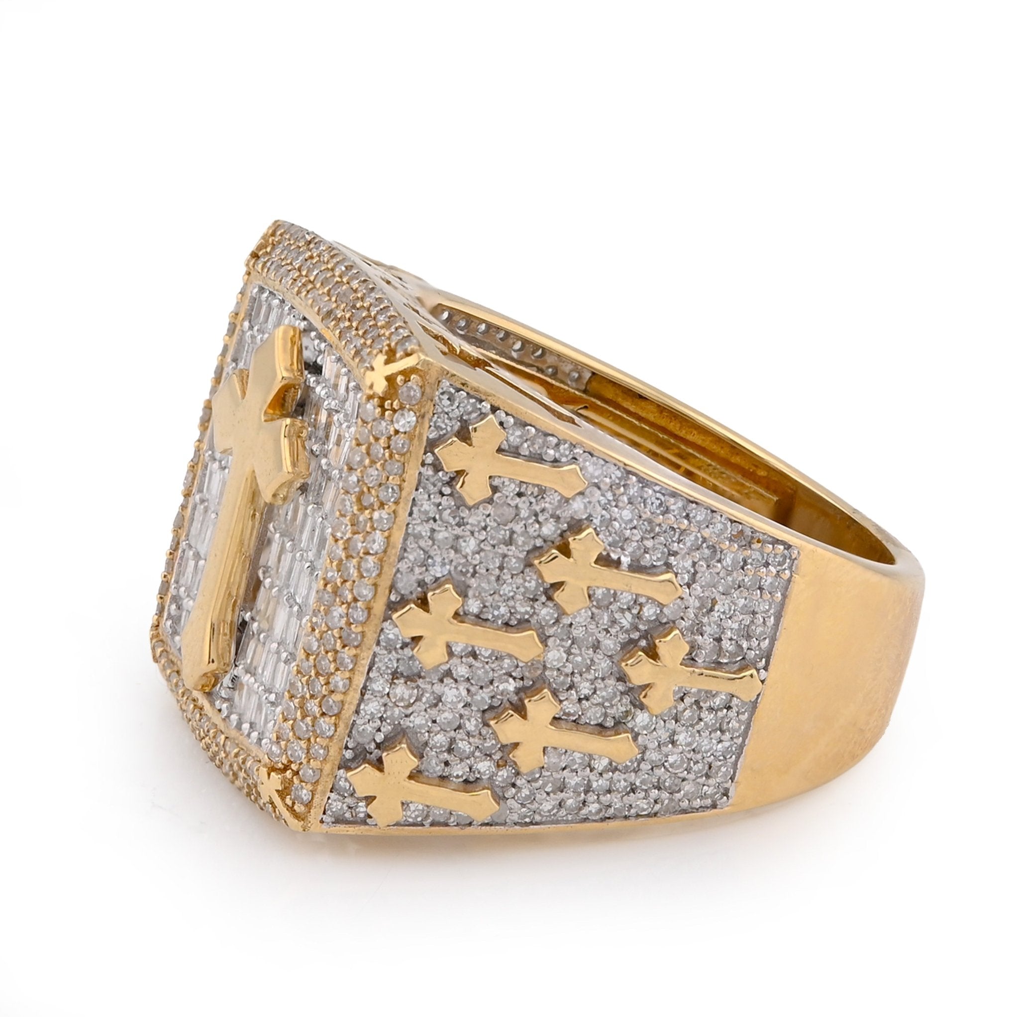 10K Yellow Gold 2.30CT Round/Baguette Rectangle Natural Diamond Centre Cross Side Iced Men Pinky Ring - Elite Jewelers - Rings