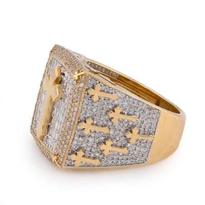 10K Yellow Gold 2.30CT Round/Baguette Rectangle Natural Diamond Centre Cross Side Iced Men Pinky Ring - Elite Jewelers - Rings