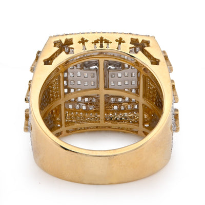 10K Yellow Gold 2.30CT Round/Baguette Rectangle Natural Diamond Centre Cross Side Iced Men Pinky Ring - Elite Jewelers - Rings