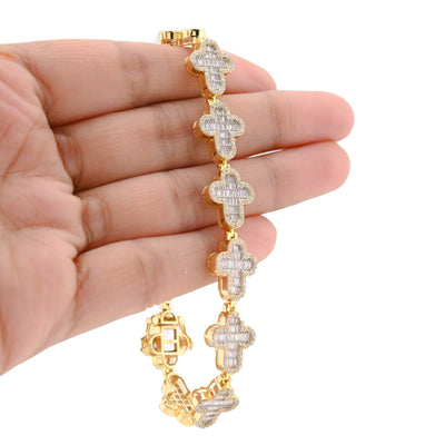 10k Yellow Gold 24.2g 4.33CTW Natural Baguette Cross Diamond Bracelet 8In 11.6MM - Elite Jewelers - Bracelets