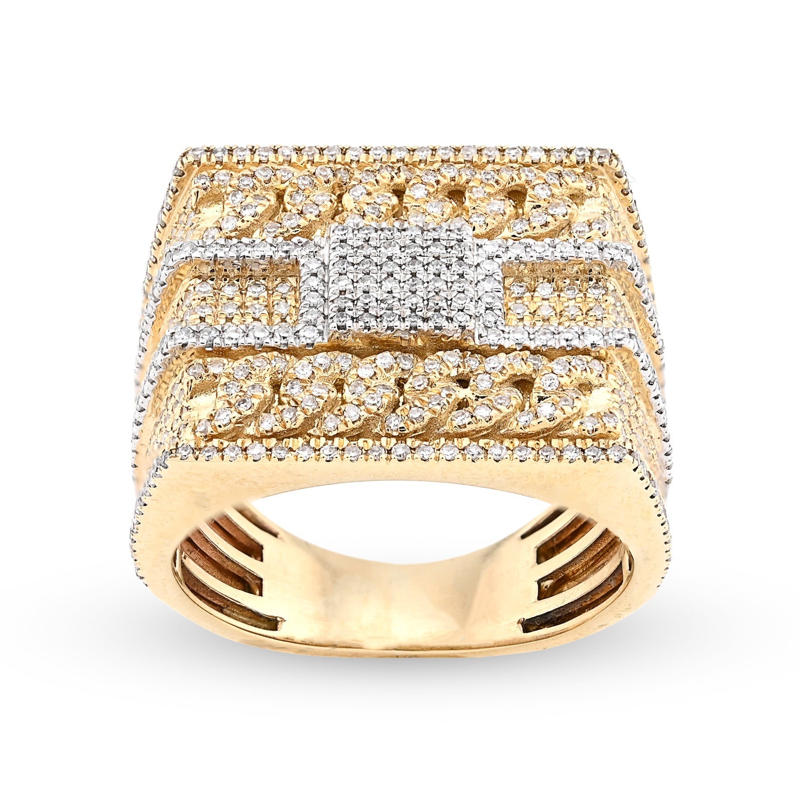 10K Yellow Gold 2.5CT Natural Diamond Rectangular Two Row Cuban link Design Men Ring 10g - Elite Jewelers - Rings