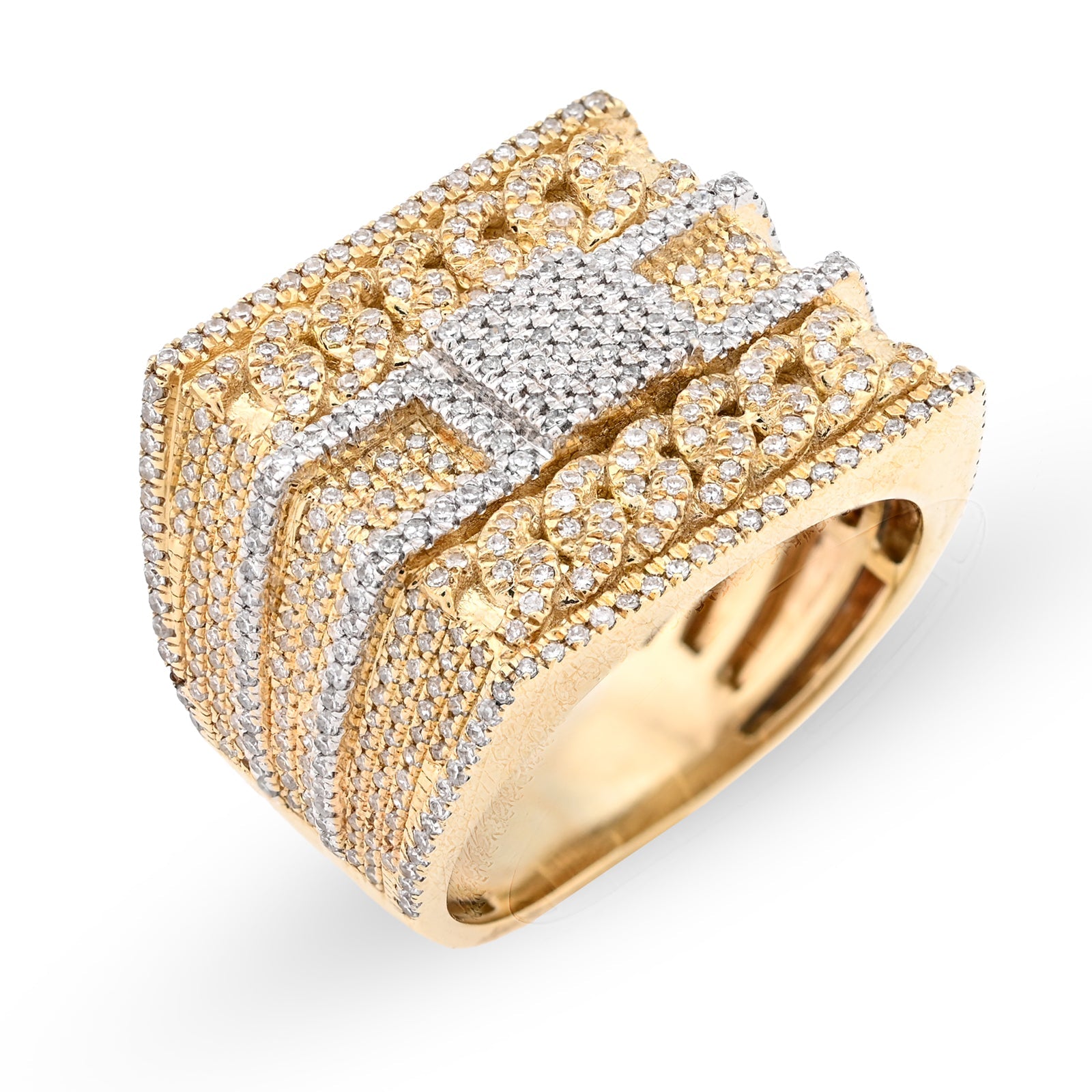 10K Yellow Gold 2.5CT Natural Diamond Rectangular Two Row Cuban link Design Men Ring 10g - Elite Jewelers - Rings