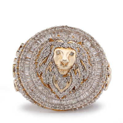 10K Yellow Gold 2.98CT Round/Baguette Natural Diamond Lion Head/Paws Round Shape Men Pinky Ring - Elite Jewelers-Rings