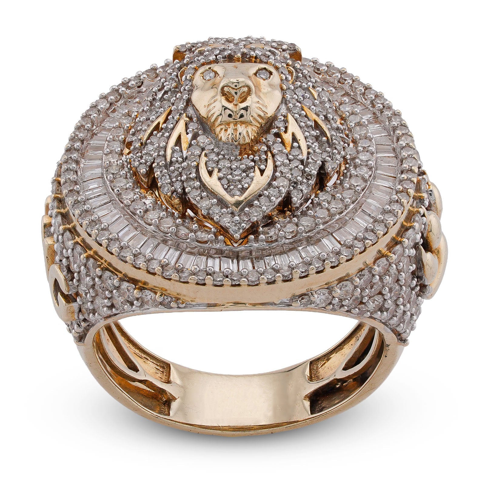 10K Yellow Gold 2.98CT Round/Baguette Natural Diamond Lion Head/Paws Round Shape Men Pinky Ring - Elite Jewelers-Rings