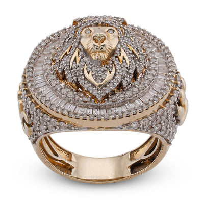 10K Yellow Gold 2.98CT Round/Baguette Natural Diamond Lion Head/Paws Round Shape Men Pinky Ring - Elite Jewelers-Rings