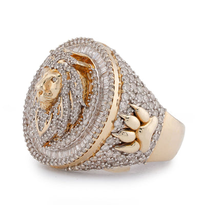 10K Yellow Gold 2.98CT Round/Baguette Natural Diamond Lion Head/Paws Round Shape Men Pinky Ring - Elite Jewelers-Rings