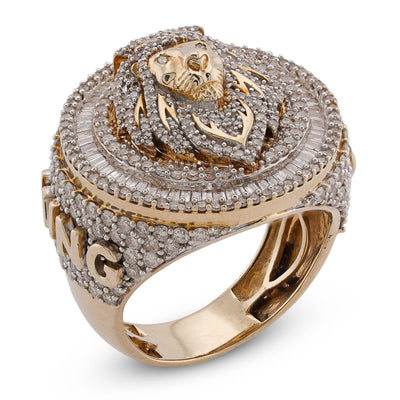 10K Yellow Gold 2.98CT Round/Baguette Natural Diamond Lion Head/Paws Round Shape Men Pinky Ring - Elite Jewelers-Rings