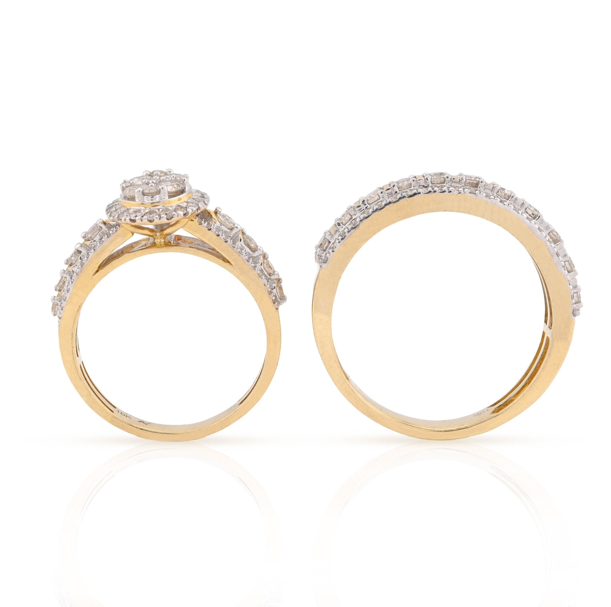 10K Yellow Gold 2CT Natural Diamond 2 Layer Oval Shape Round Men Women Wedding Ring Set - Elite Jewelers - Rings