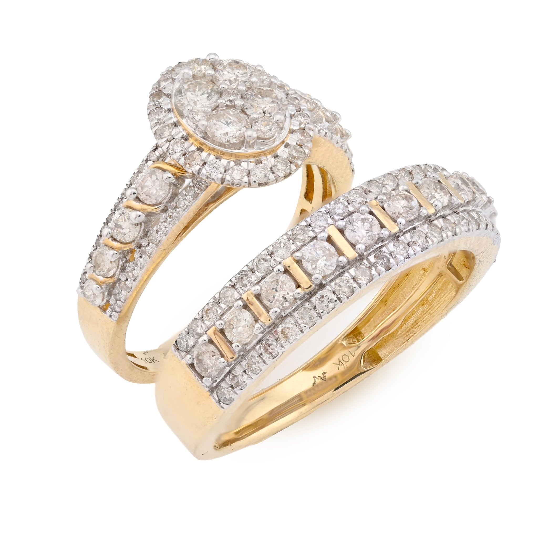 10K Yellow Gold 2CT Natural Diamond 2 Layer Oval Shape Round Men Women Wedding Ring Set - Elite Jewelers - Rings