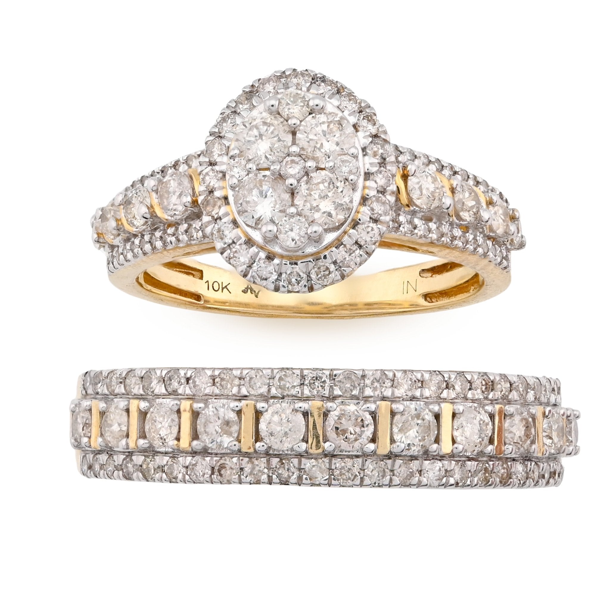 10K Yellow Gold 2CT Natural Diamond 2 Layer Oval Shape Round Men Women Wedding Ring Set - Elite Jewelers - Rings