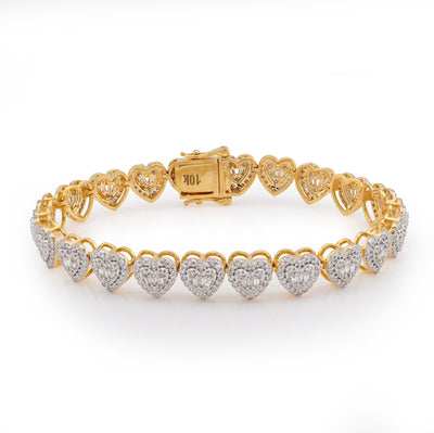 10K Yellow Gold 2CT Natural Diamond Round/Baguette Heart Shape Women's Tennis Bracelet 6.25" - Elite Jewelers - Bracelets