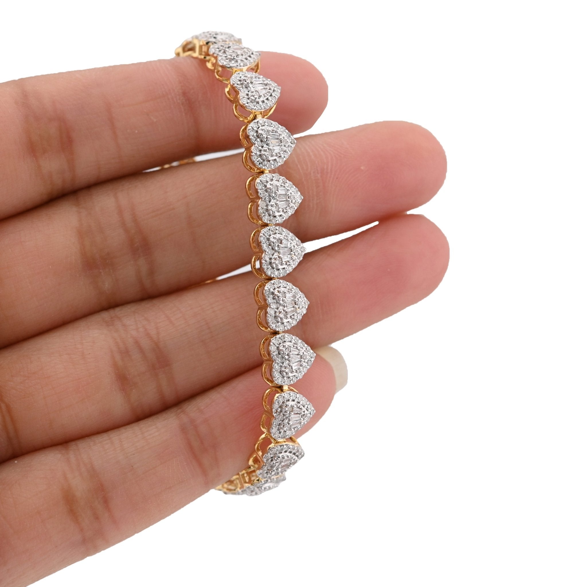 10K Yellow Gold 2CT Natural Diamond Round/Baguette Heart Shape Women's Tennis Bracelet 6.25" - Elite Jewelers - Bracelets