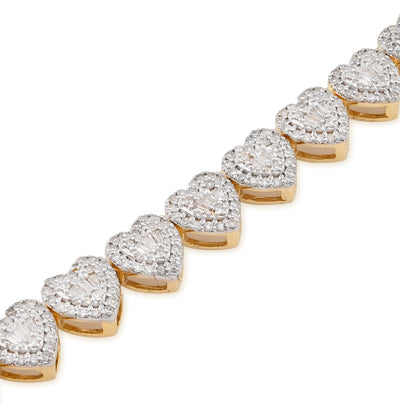 10K Yellow Gold 2CT Natural Diamond Round/Baguette Heart Shape Women's Tennis Bracelet 6.25" - Elite Jewelers - Bracelets