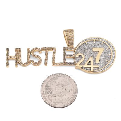 10K Yellow Gold 2TC Natural Baguette Diamond "HUSTLE 24/7" Custom Charm Men Pendant - Elite Jewelers - Charms & Pendants