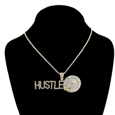 10K Yellow Gold 2TC Natural Baguette Diamond "HUSTLE 24/7" Custom Charm Men Pendant - Elite Jewelers - Charms & Pendants