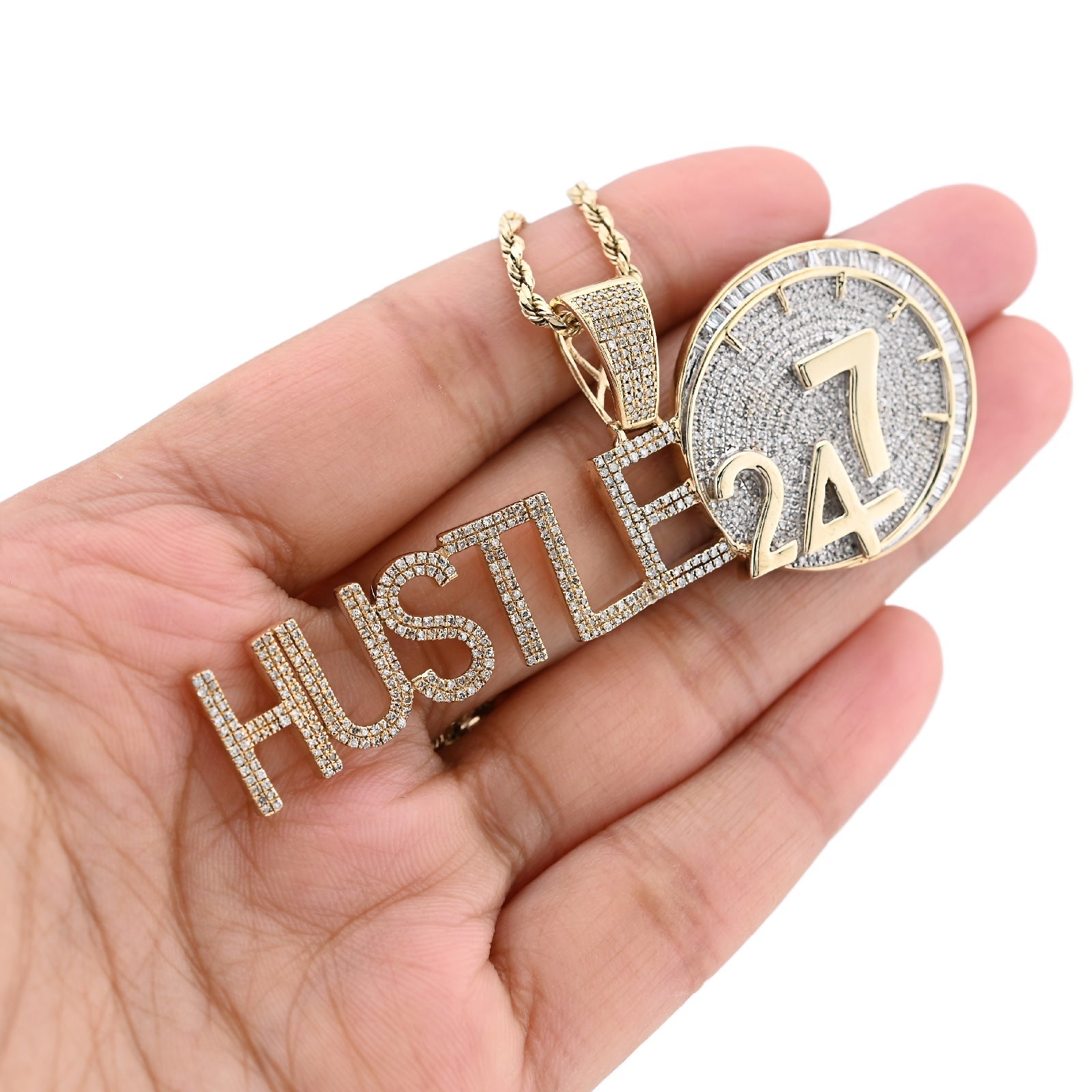 10K Yellow Gold 2TC Natural Baguette Diamond "HUSTLE 24/7" Custom Charm Men Pendant - Elite Jewelers - Charms & Pendants