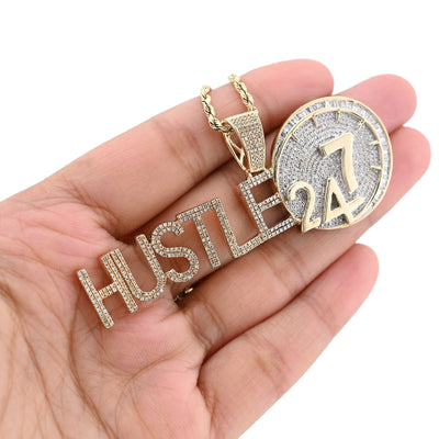 10K Yellow Gold 2TC Natural Baguette Diamond "HUSTLE 24/7" Custom Charm Men Pendant - Elite Jewelers - Charms & Pendants