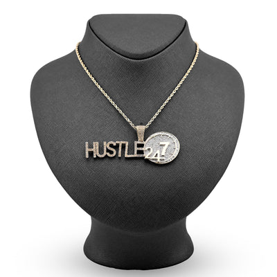 10K Yellow Gold 2TC Natural Baguette Diamond "HUSTLE 24/7" Custom Charm Men Pendant - Elite Jewelers - Charms & Pendants