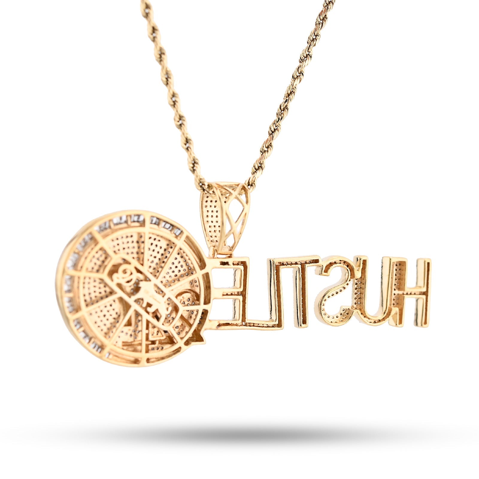 10K Yellow Gold 2TC Natural Baguette Diamond "HUSTLE 24/7" Custom Charm Men Pendant - Elite Jewelers - Charms & Pendants