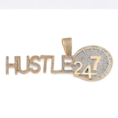 10K Yellow Gold 2TC Natural Baguette Diamond "HUSTLE 24/7" Custom Charm Men Pendant - Elite Jewelers - Charms & Pendants