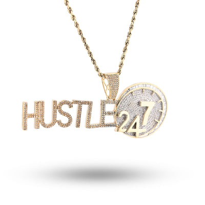 10K Yellow Gold 2TC Natural Baguette Diamond "HUSTLE 24/7" Custom Charm Men Pendant - Elite Jewelers - Charms & Pendants