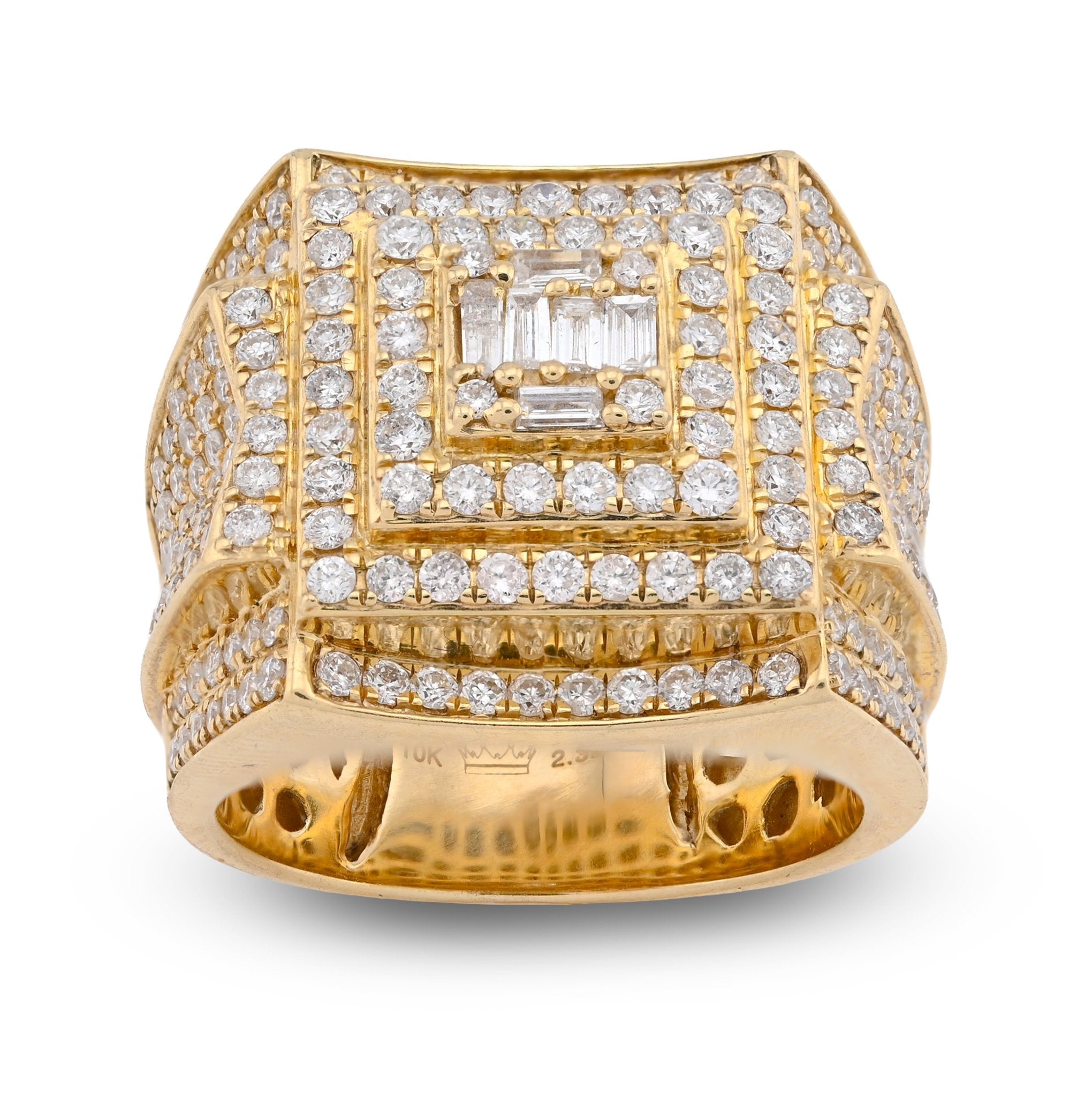 10K Yellow Gold 3 Level Rectangle Baguette Centre 2.32CT Natural Diamond Men Pinky Ring - Elite Jewelers - Rings