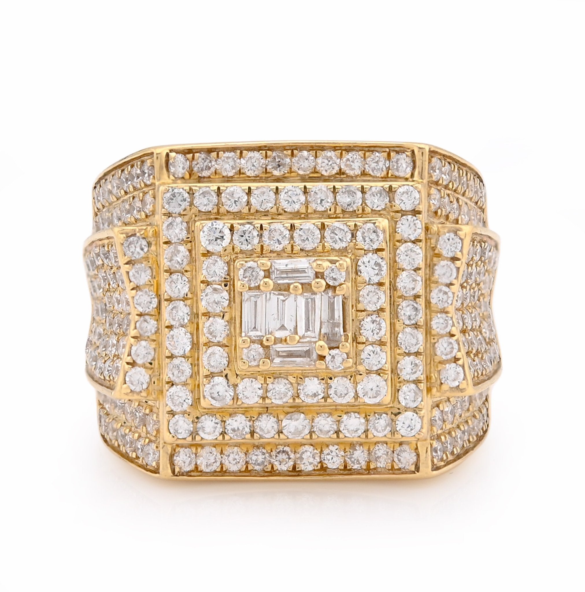 10K Yellow Gold 3 Level Rectangle Baguette Centre 2.32CT Natural Diamond Men Pinky Ring - Elite Jewelers - Rings