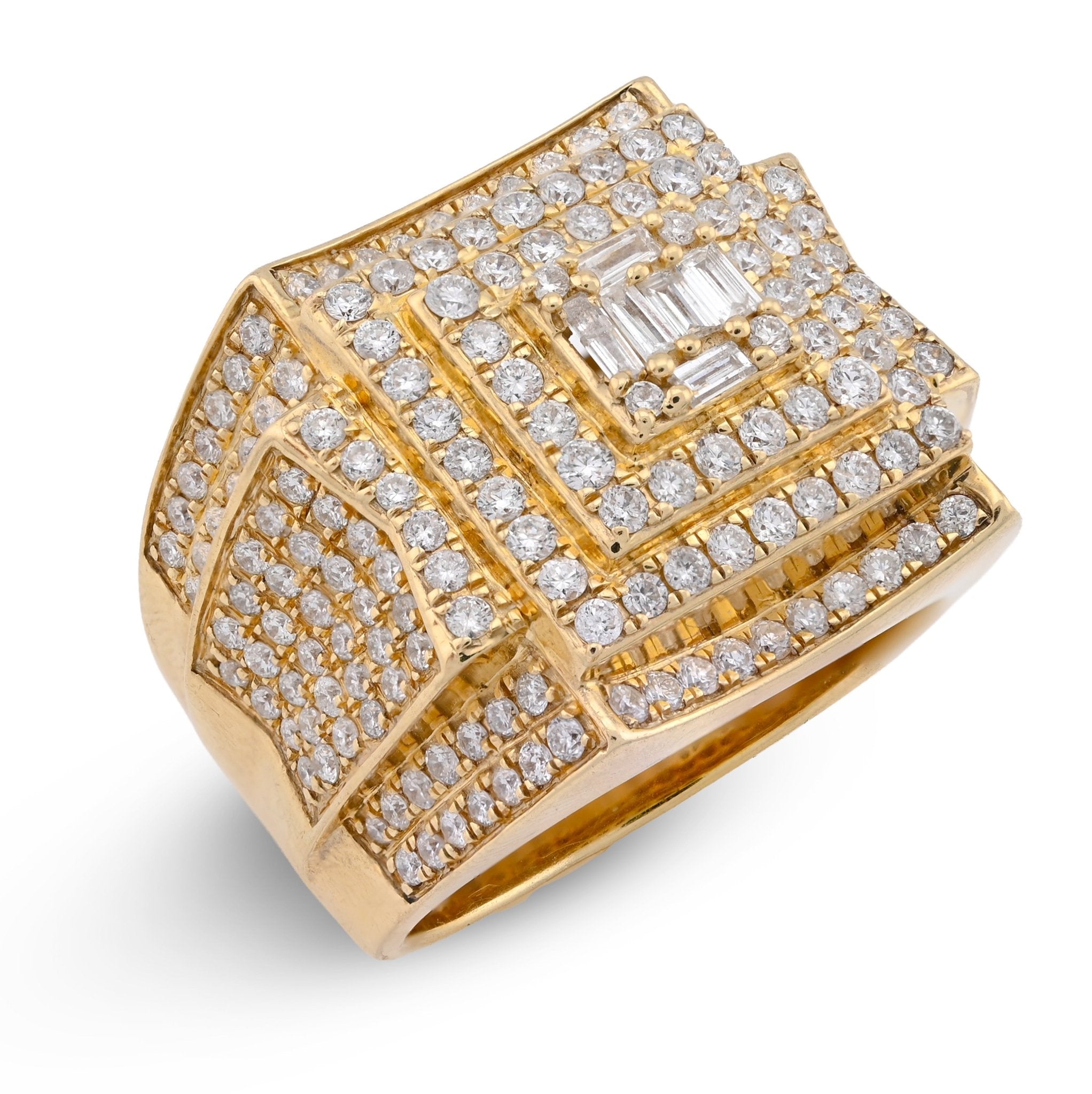 10K Yellow Gold 3 Level Rectangle Baguette Centre 2.32CT Natural Diamond Men Pinky Ring - Elite Jewelers - Rings