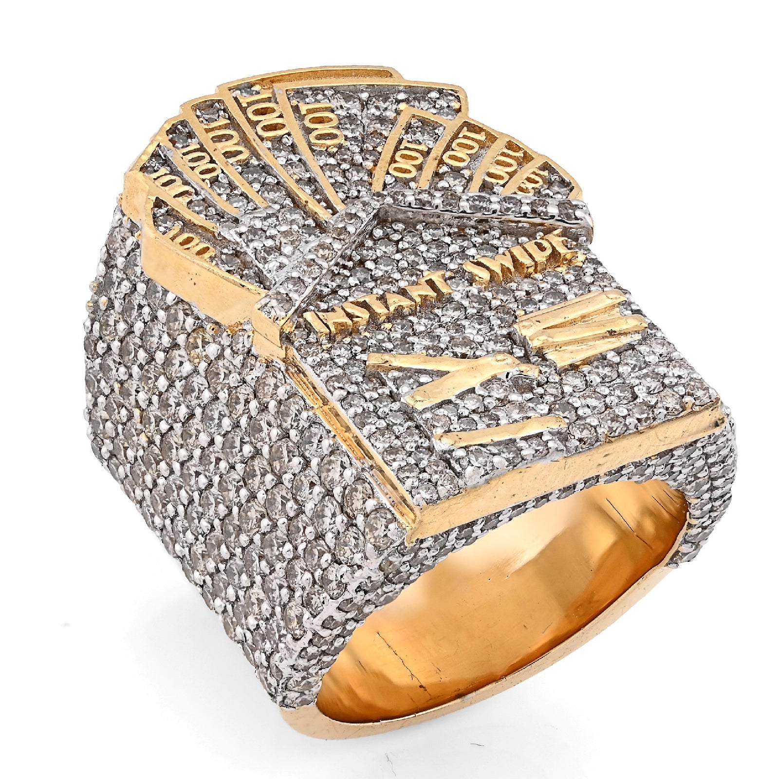 10K Yellow Gold 3.10CT Natural Diamond Trap House $100 Bill Top Men Pinky Ring 24.2g - Elite Jewelers - Rings