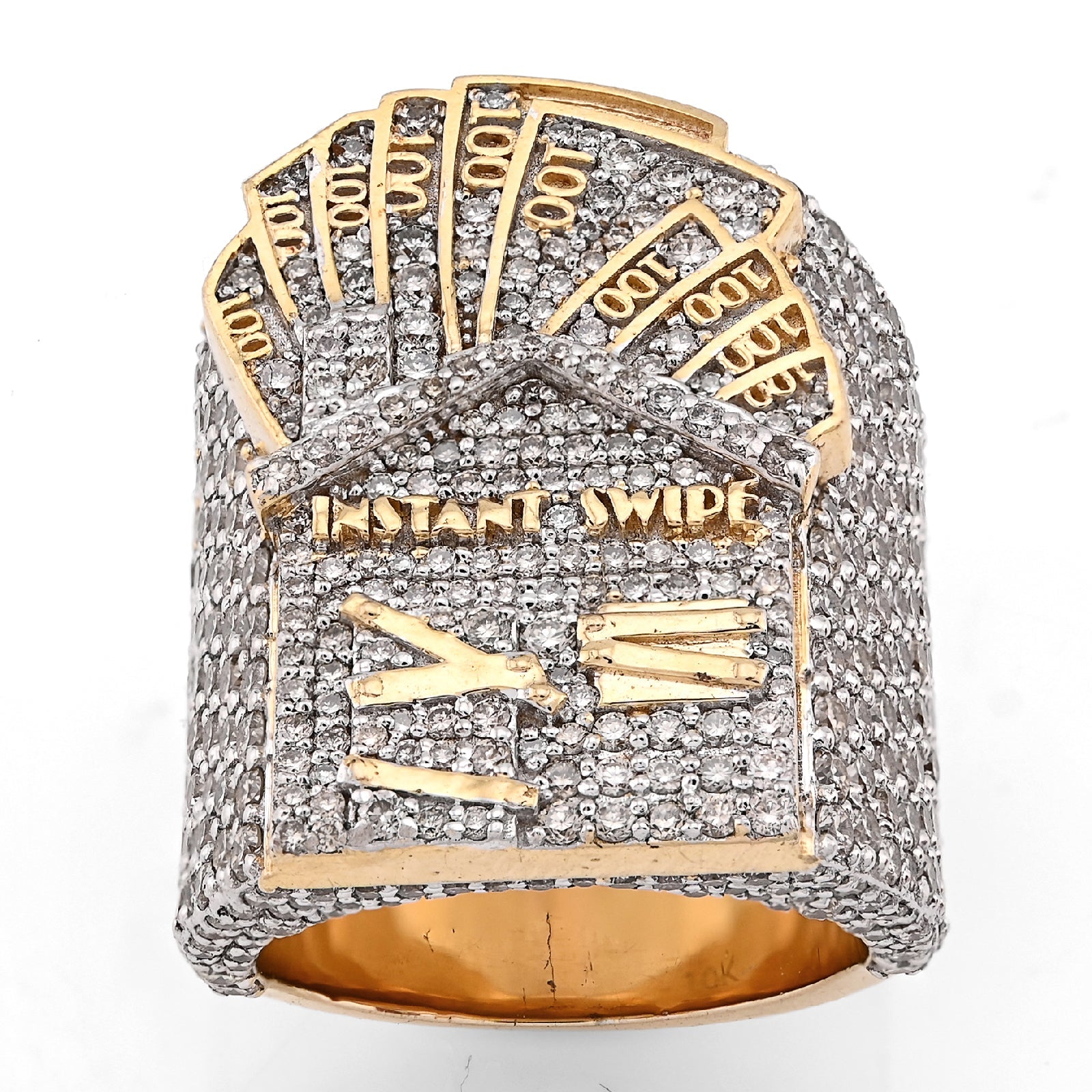 10K Yellow Gold 3.10CT Natural Diamond Trap House $100 Bill Top Men Pinky Ring 24.2g - Elite Jewelers - Rings