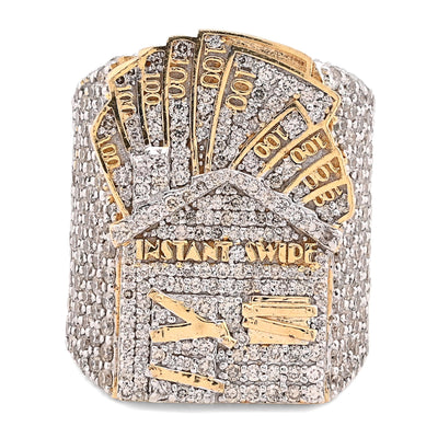 10K Yellow Gold 3.10CT Natural Diamond Trap House $100 Bill Top Men Pinky Ring 24.2g - Elite Jewelers - Rings