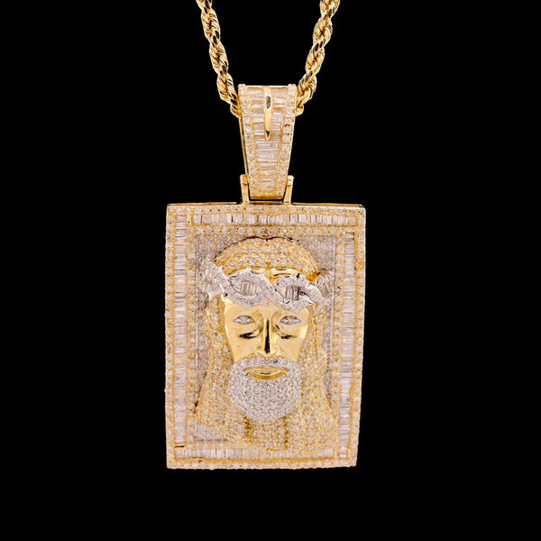 10k Yellow Gold 3.15CTW Round & Baguette Diamond Jesus Head Pendant 14.1g Charm - Elite Jewelers - Charms & Pendants