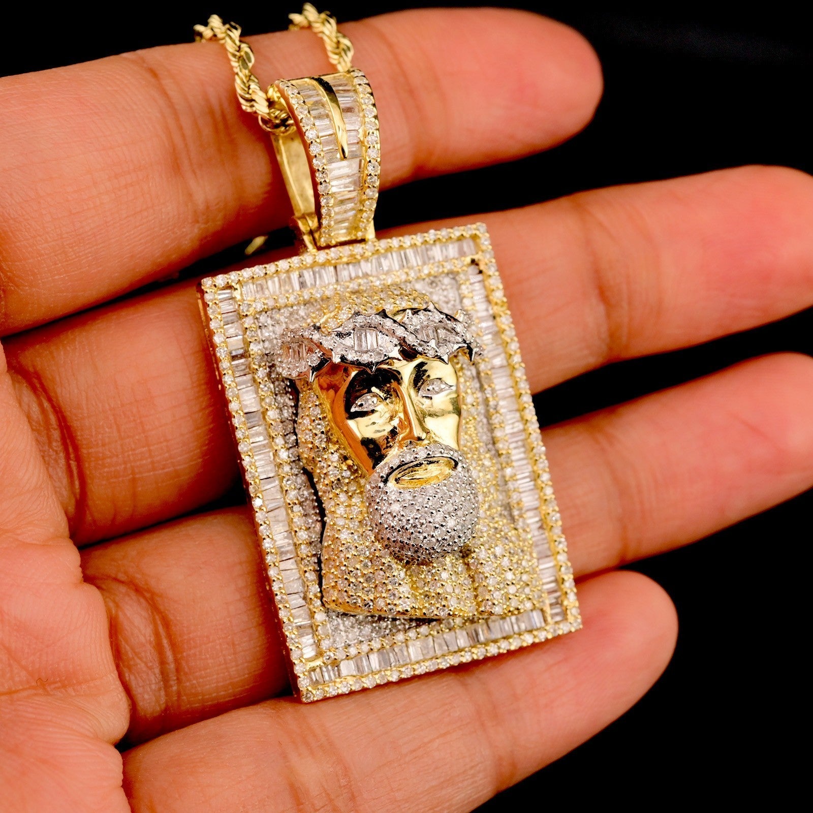 10k Yellow Gold 3.15CTW Round & Baguette Diamond Jesus Head Pendant 14.1g Charm - Elite Jewelers - Charms & Pendants