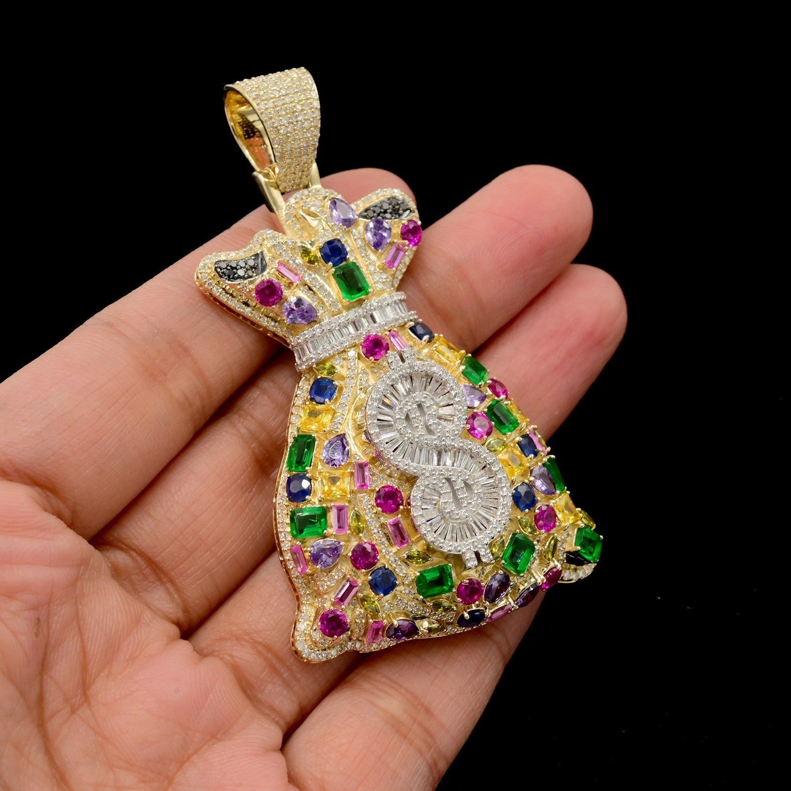 10k Yellow Gold 3.1CTW Round/Baguette Diamond Gems Stone Money Bag Charm 24.6gms - Elite Jewelers - Charms & Pendants