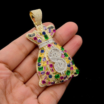 10k Yellow Gold 3.1CTW Round/Baguette Diamond Gems Stone Money Bag Charm 24.6gms - Elite Jewelers - Charms & Pendants