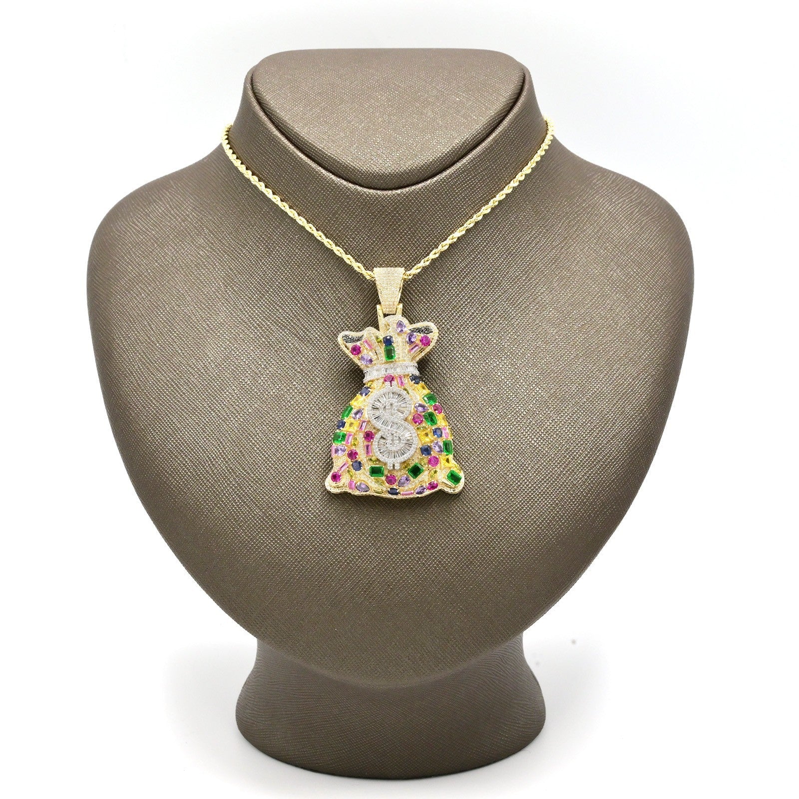 10k Yellow Gold 3.1CTW Round/Baguette Diamond Gems Stone Money Bag Charm 24.6gms - Elite Jewelers - Charms & Pendants