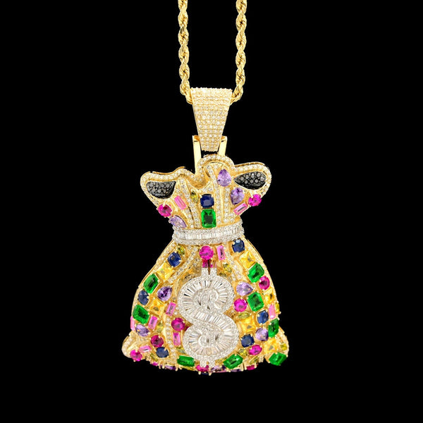 10k Yellow Gold 3.1CTW Round/Baguette Diamond Gems Stone Money Bag Charm 24.6gms - Elite Jewelers - Charms & Pendants